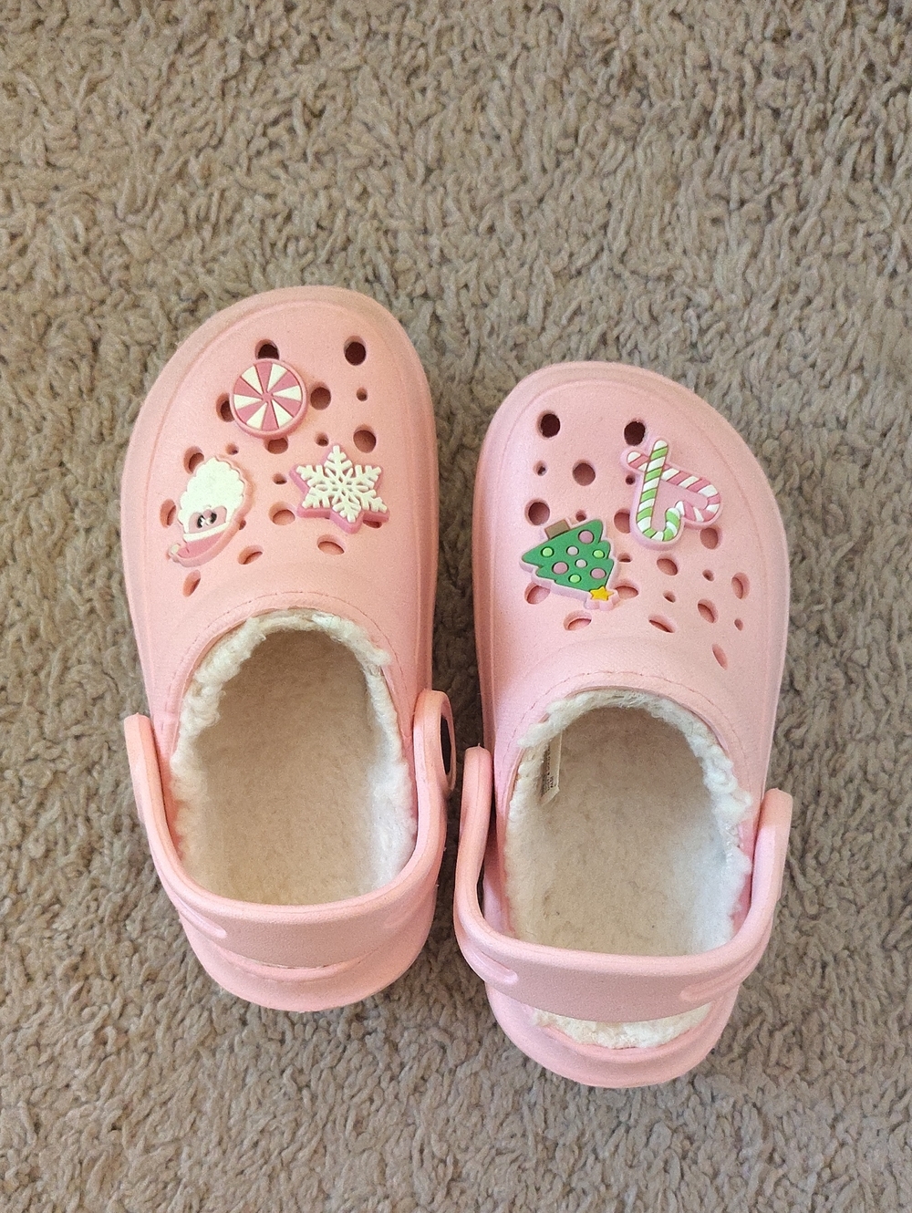 Kids Pink Fleece-Lined Slip-On Clogs with Holiday Charms
